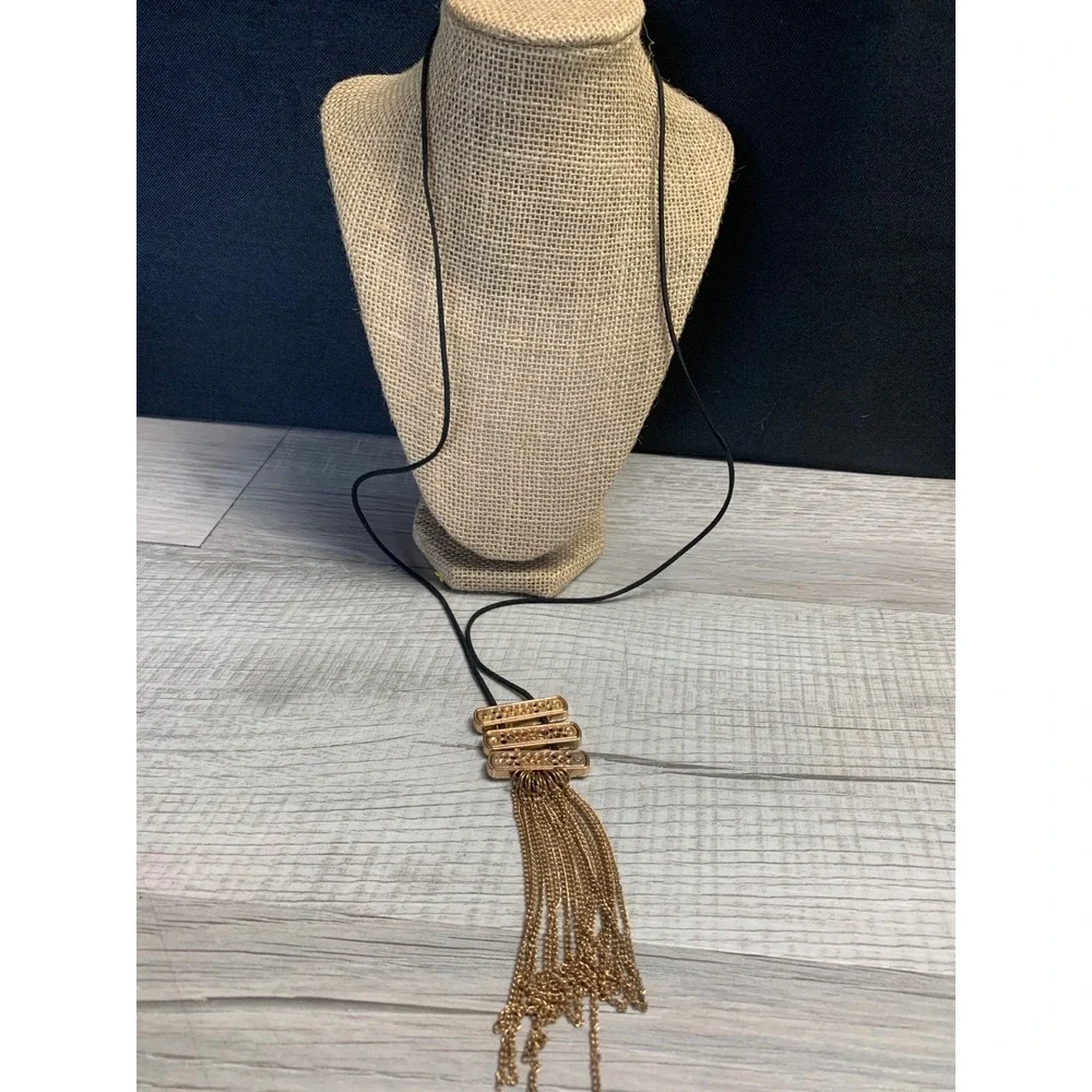 Gold Tone Textured Bar Multi Chain Tassel Black Cord Long Necklace 36 Inch